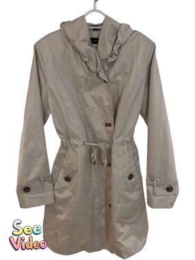 BIANCA NYGARD Vintage Silver Trench Coat Ruffled Collar Shoulder Pads